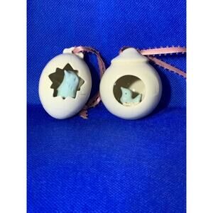 Pair Hanging Porcelain Eggs with Blue Birds Inside